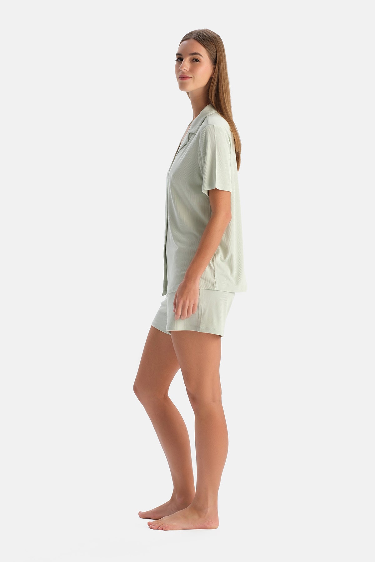 Su Yeşili Modal Ribana Gömlek Şort Pijama Takımı