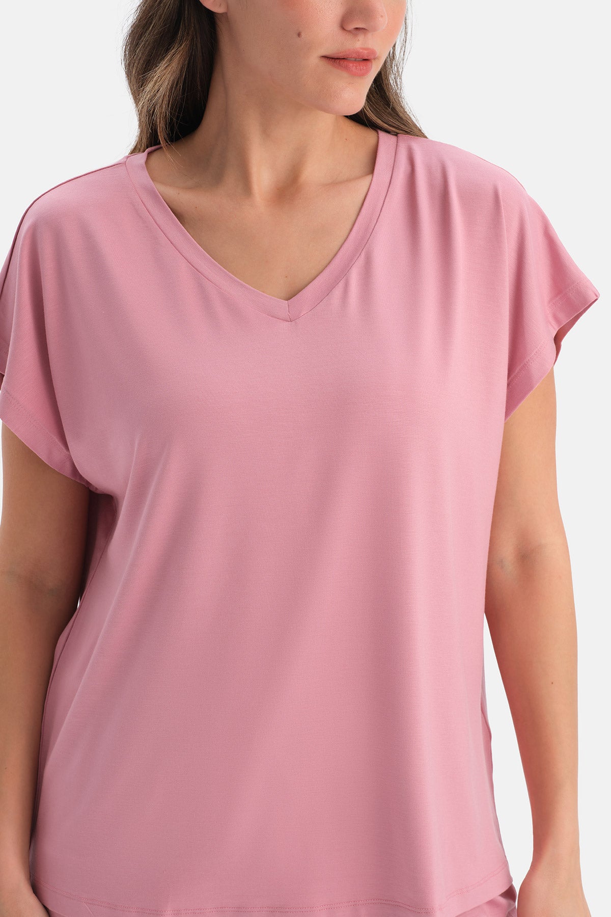 Gül Kurusu V Yaka Kısa Kollu Tişört Şort Pijama Takımı