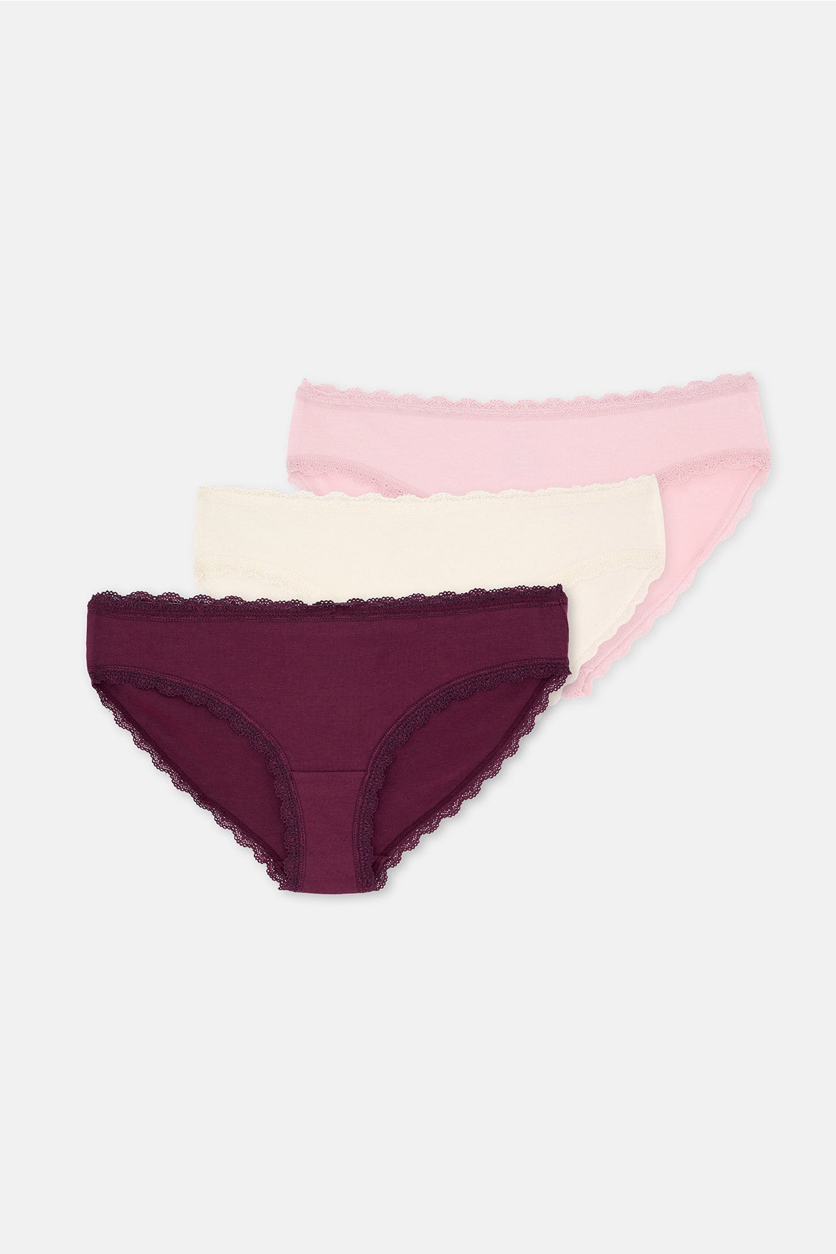 Bordo-Pudra 3'lü Bel Ve Paça Dantel Detaylı Düz Hipster Külot