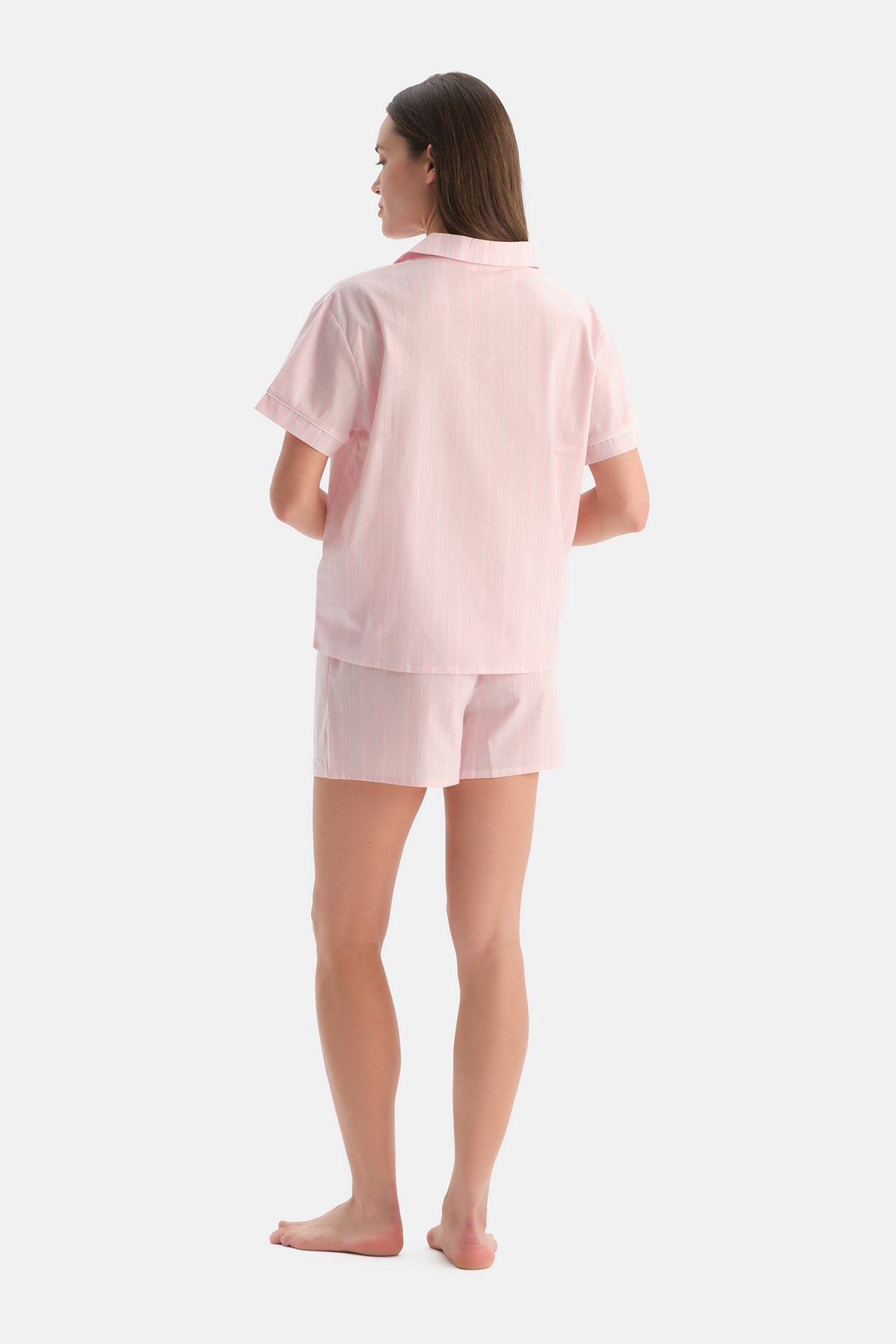 Açık Pembe Çizgili Dokuma Gömlek Şort Takım