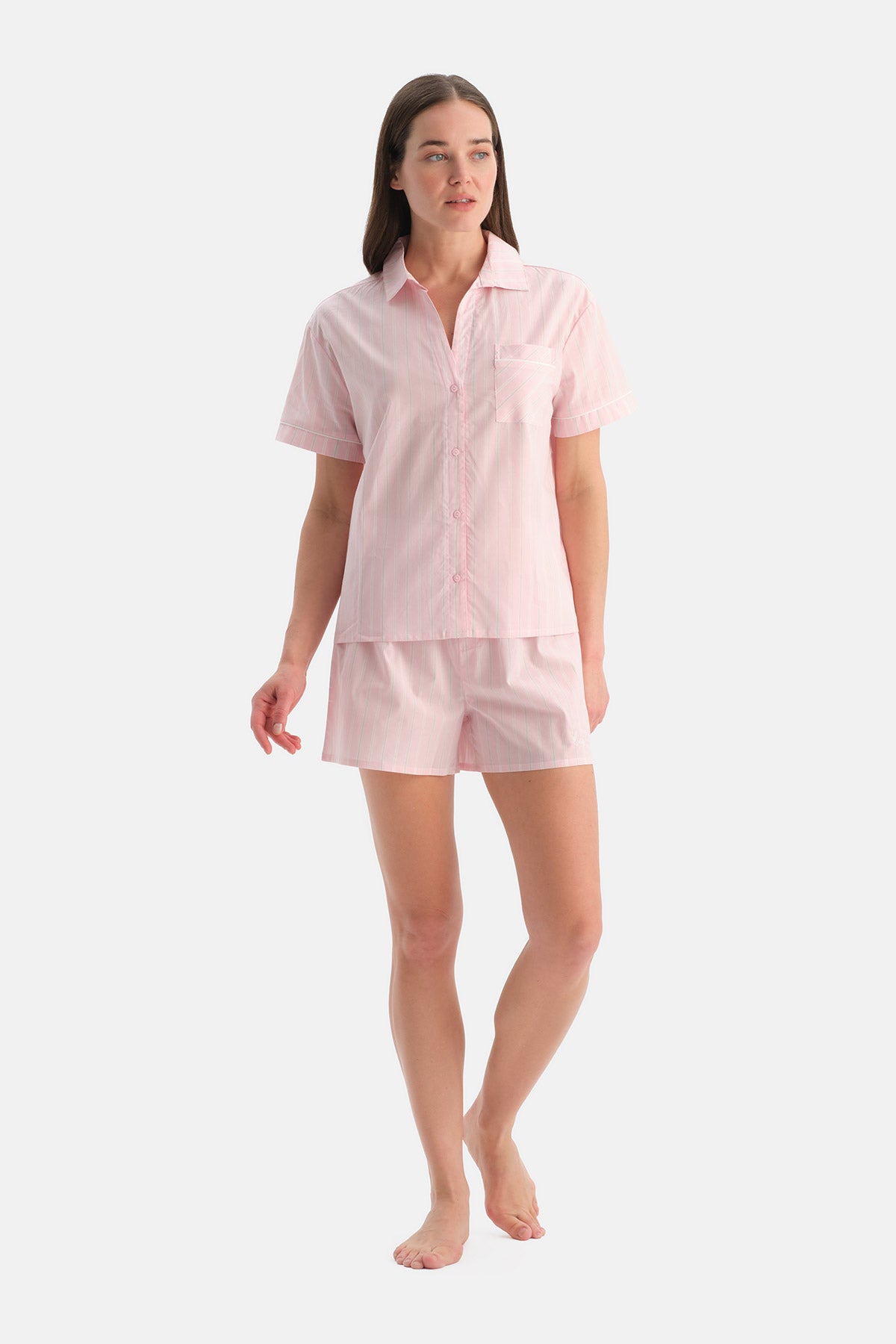 Açık Pembe Çizgili Dokuma Gömlek Şort Takım