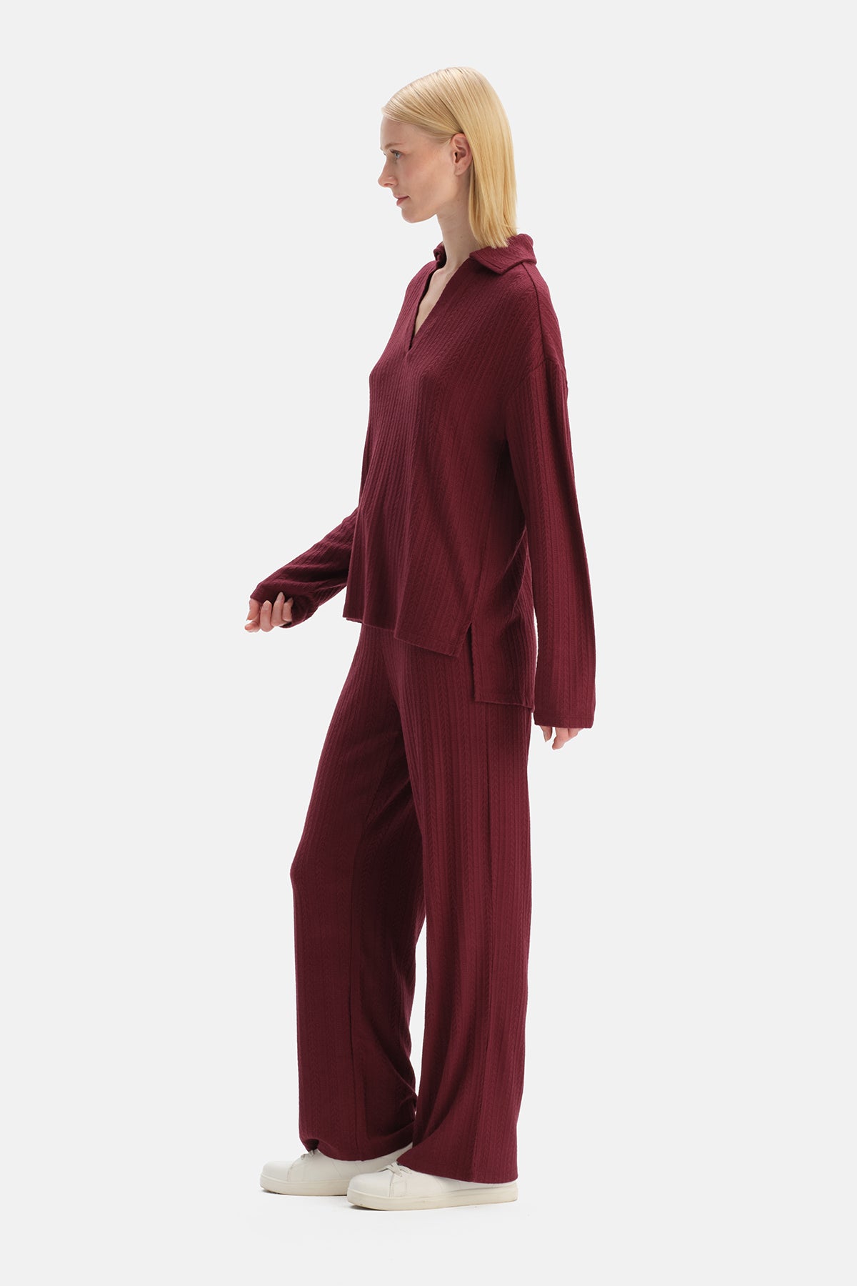 Bordo Örgü Detaylı Pantolon