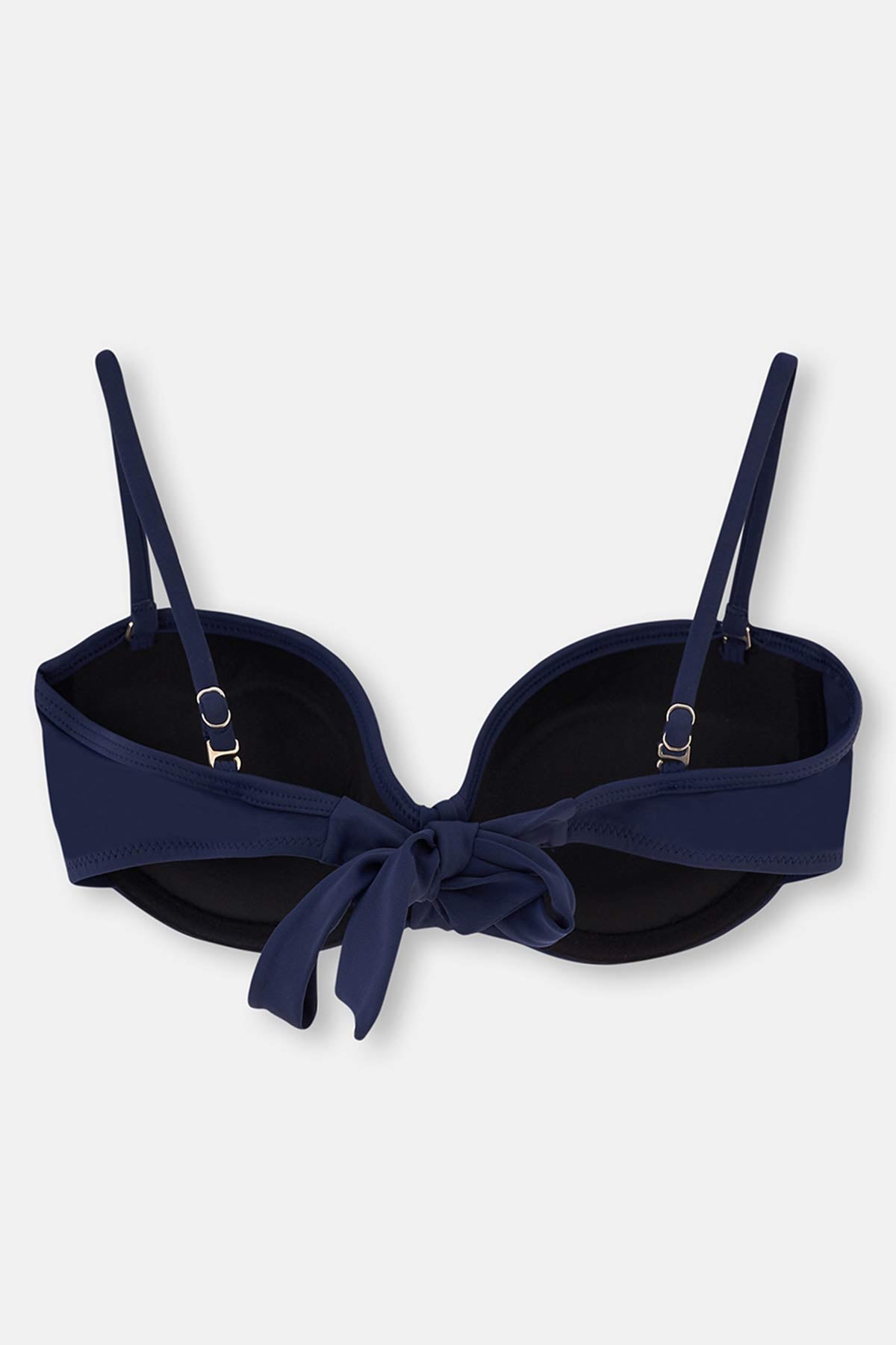 Lacivert Dolgulu Kaplı Luplu Straplez Tek Bikini Üst