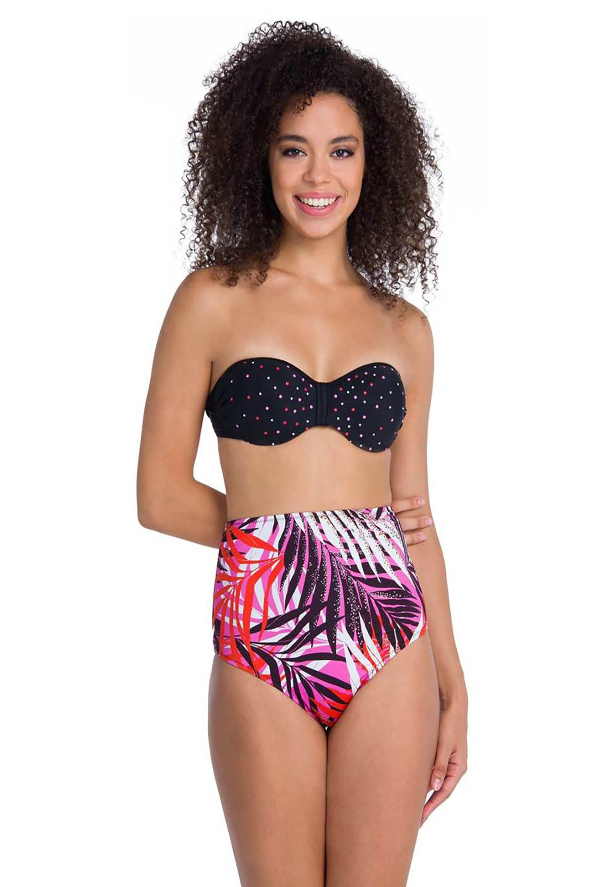 Siyah Dolgulu Karışık Desenli Straplez Yüksek Bel Bikini Takımı