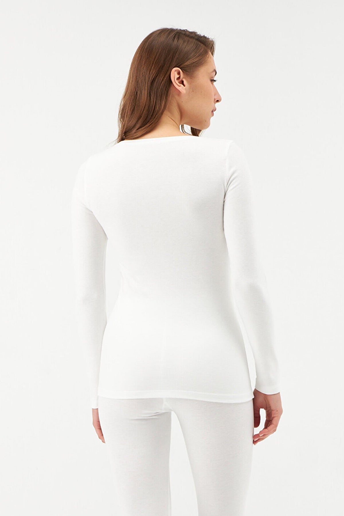 Ekru Yuvarlak Yaka Uzun Kol Kadın Termal Içlik Tek Üst