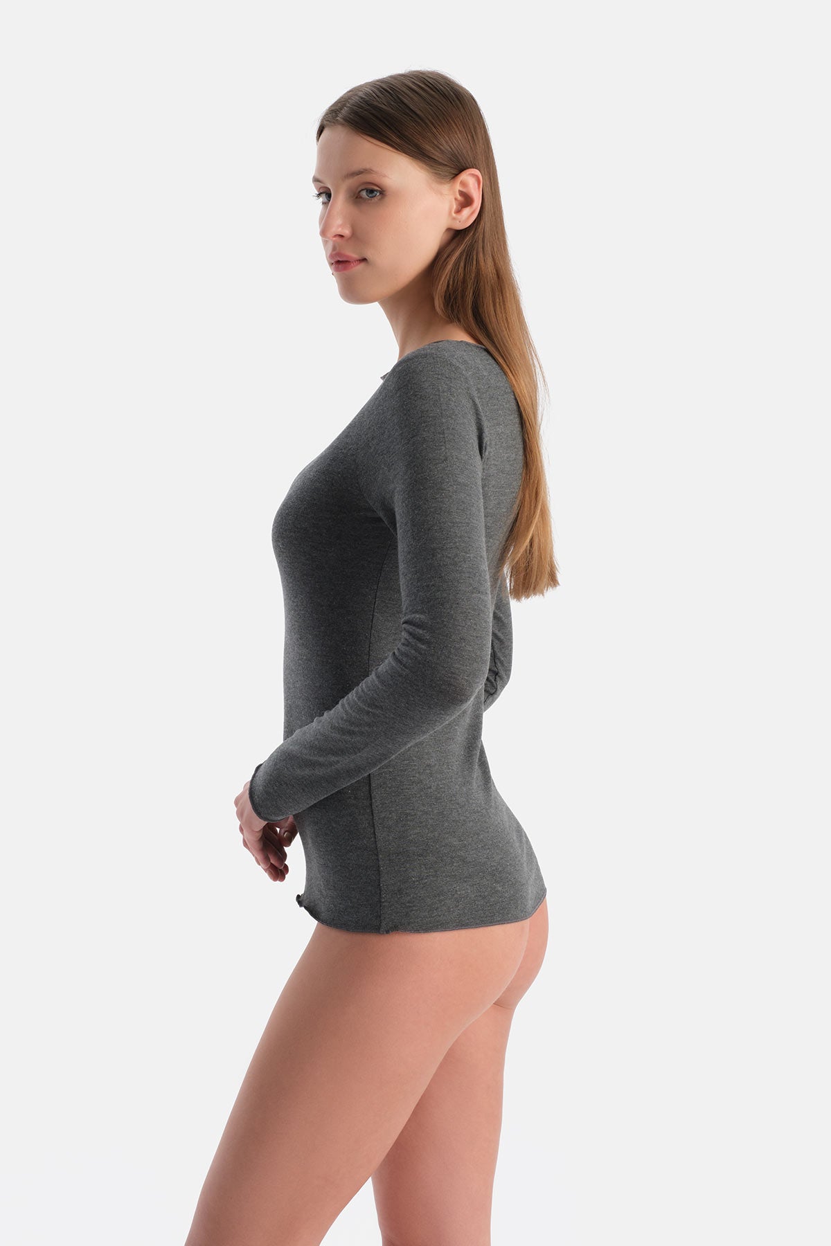 Antrasit Melanj Modal Kaşmir Kayık Yaka Uzun Kollu Üst