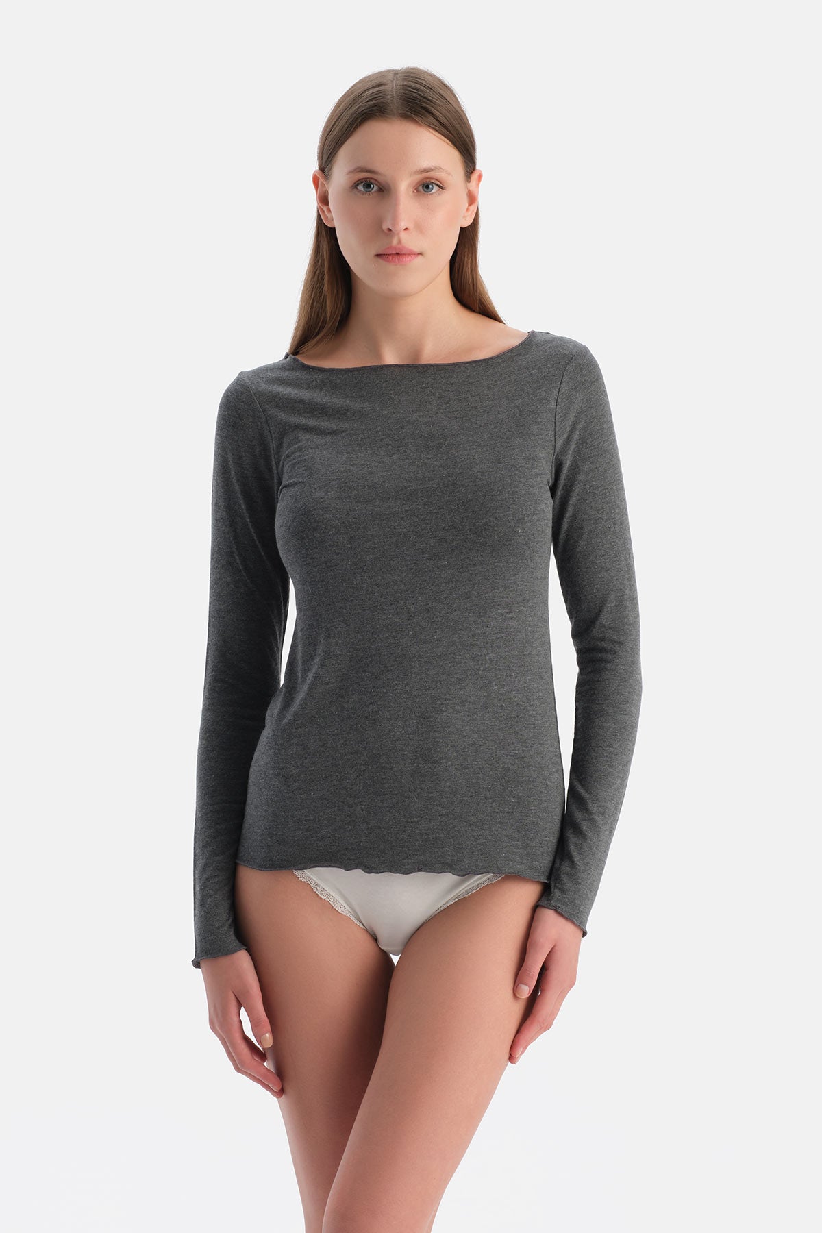 Antrasit Melanj Modal Kaşmir Kayık Yaka Uzun Kollu Üst