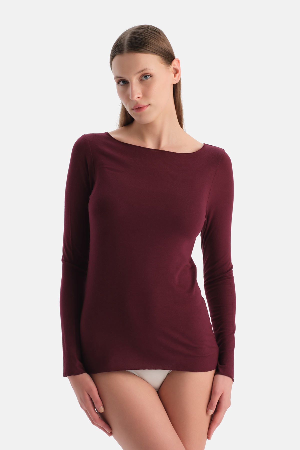 Bordo Modal Kaşmir Kayık Yaka Uzun Kollu Üst