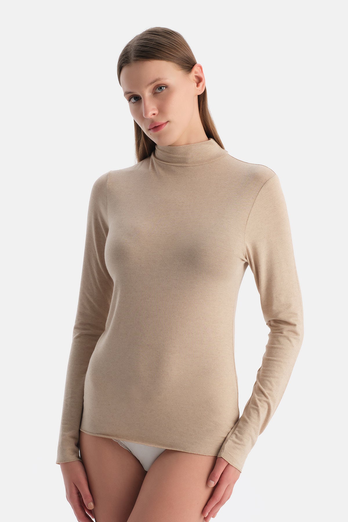 Sütlü Kahve Modal Kaşmir Balıkçı Yaka Uzun Kollu Üst