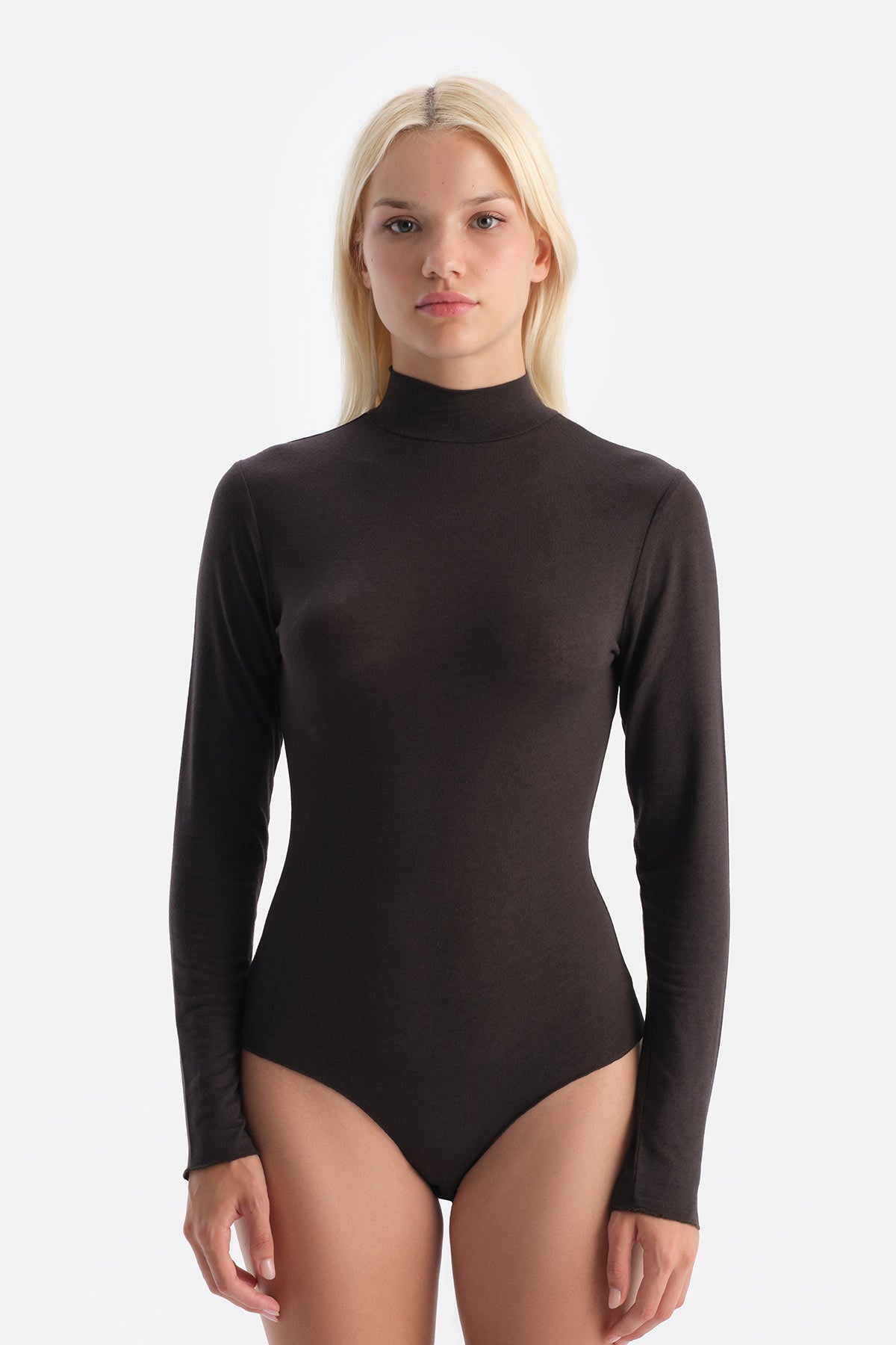 Koyu Kahve Modal Kaşmir Uzun Kollu Balıkçı Yaka Bodysuit