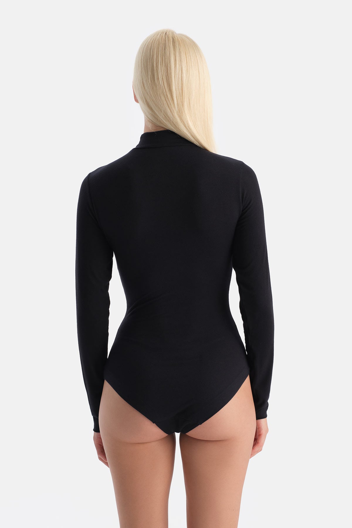 Siyah Modal Kaşmir Uzun Kollu Balıkçı Yaka Bodysuit