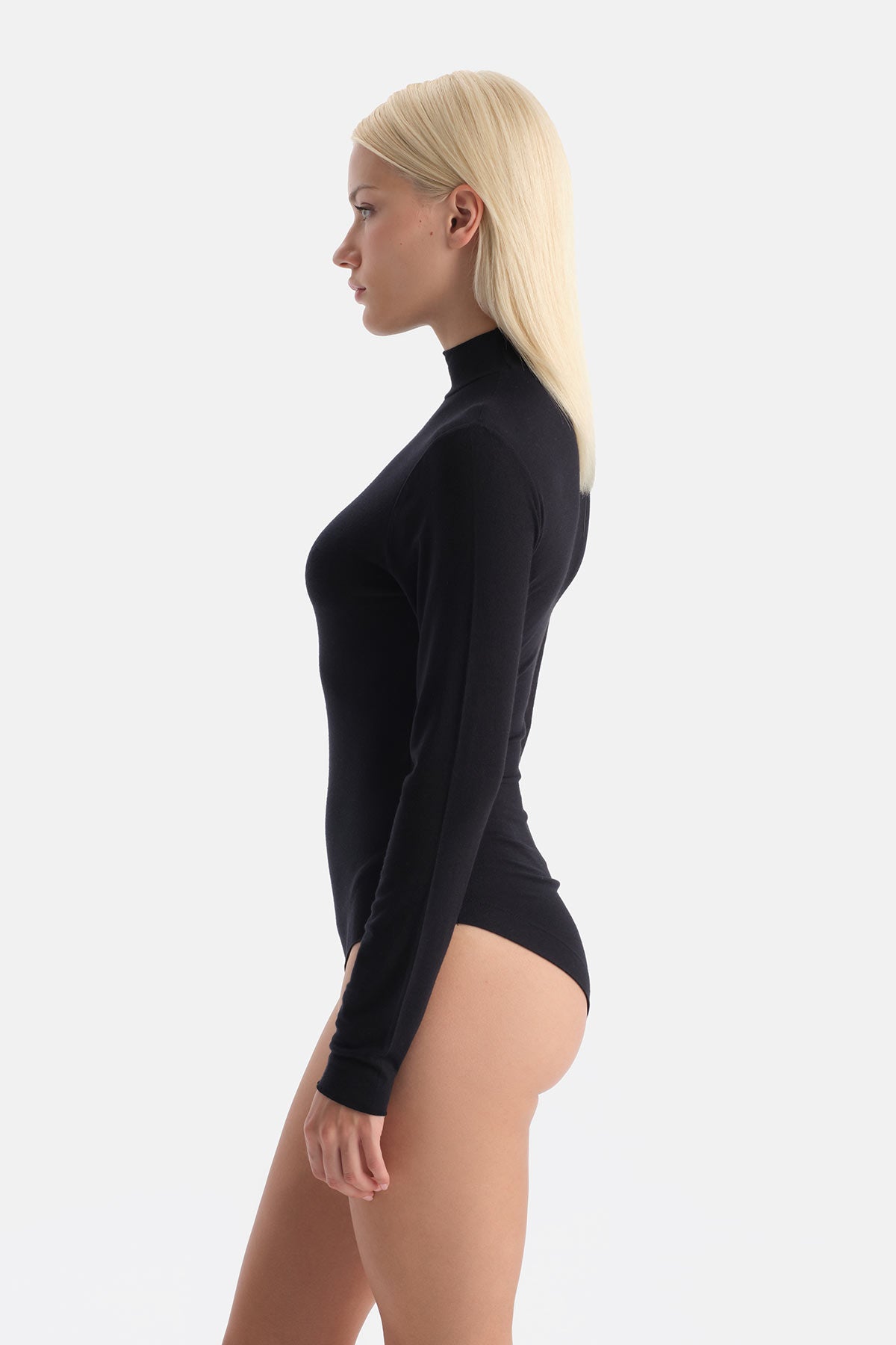 Siyah Modal Kaşmir Uzun Kollu Balıkçı Yaka Bodysuit