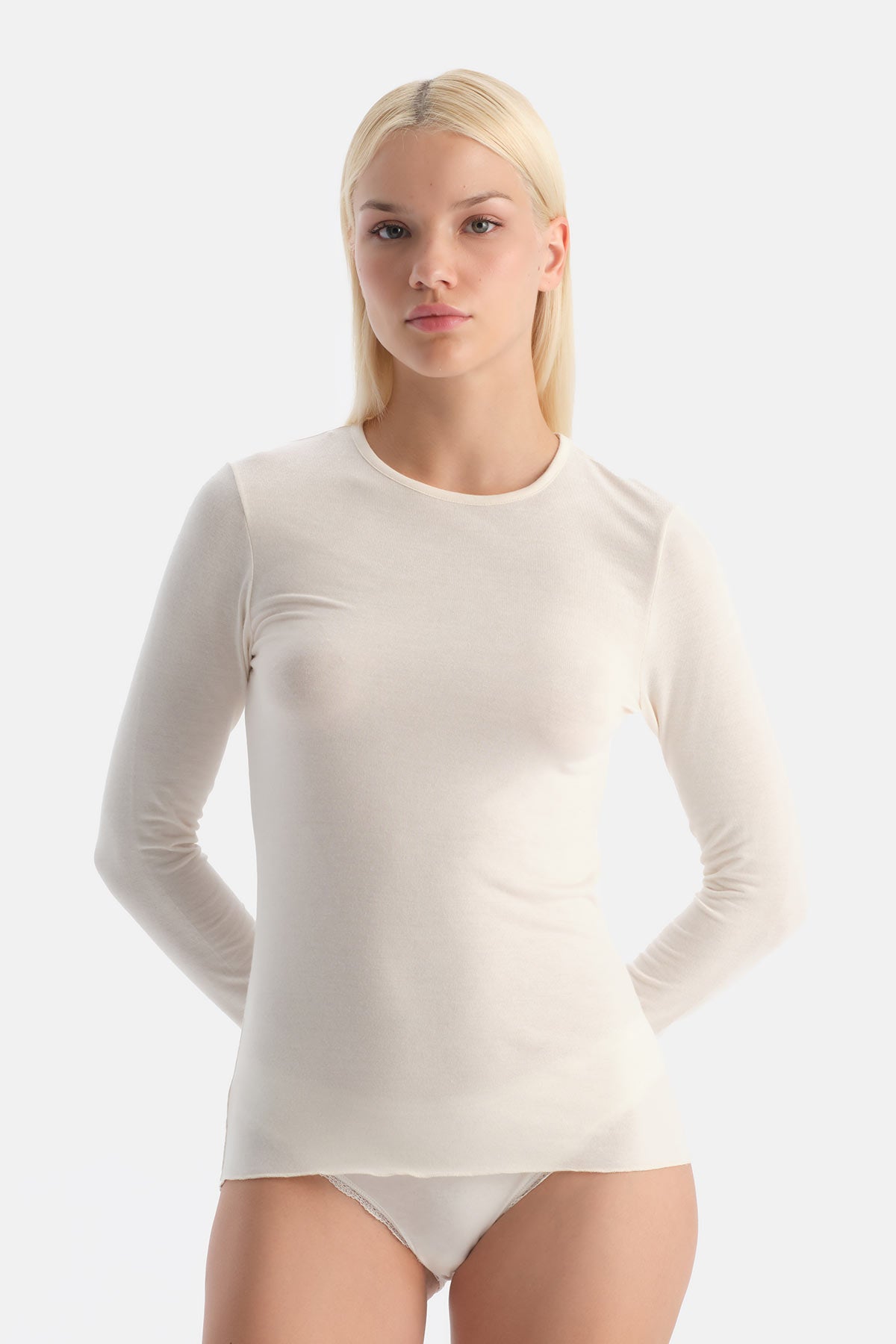 Ekru Modal Kaşmir Bisiklet Yaka Uzun Kollu Üst