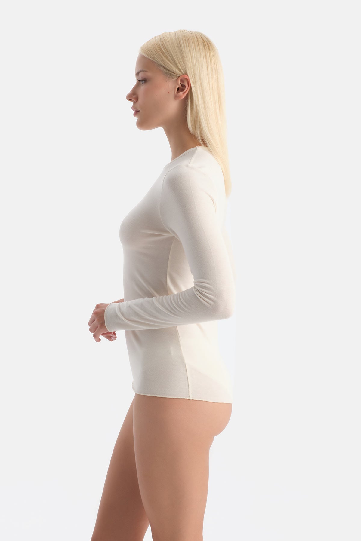 Ekru Modal Kaşmir Bisiklet Yaka Uzun Kollu Üst