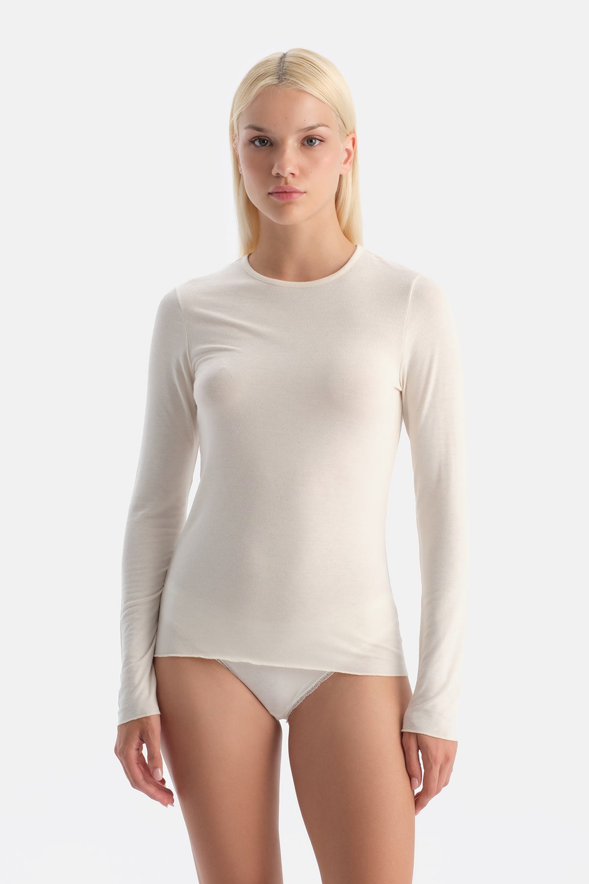 Ekru Modal Kaşmir Bisiklet Yaka Uzun Kollu Üst