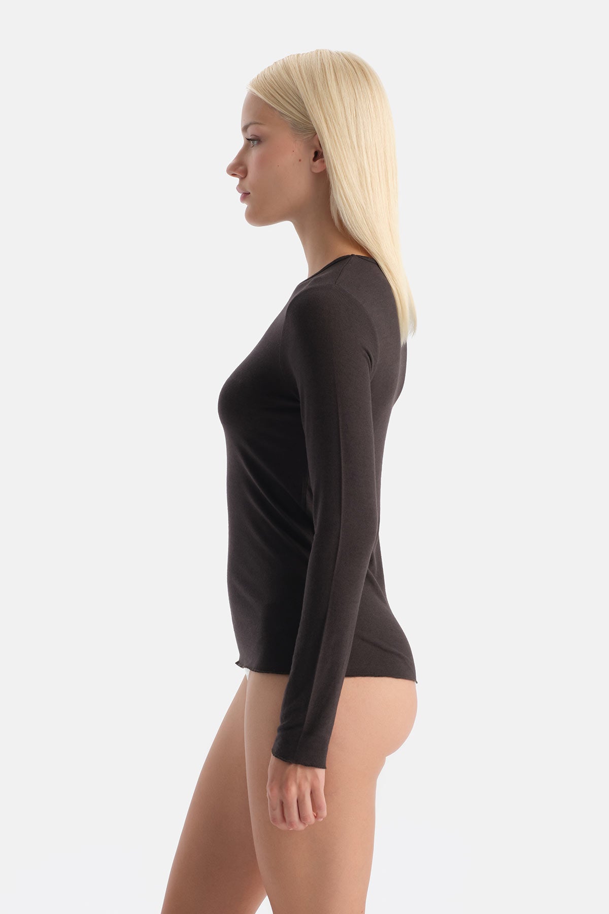 Koyu Kahve Modal Kaşmir Bisiklet Yaka Uzun Kollu Üst