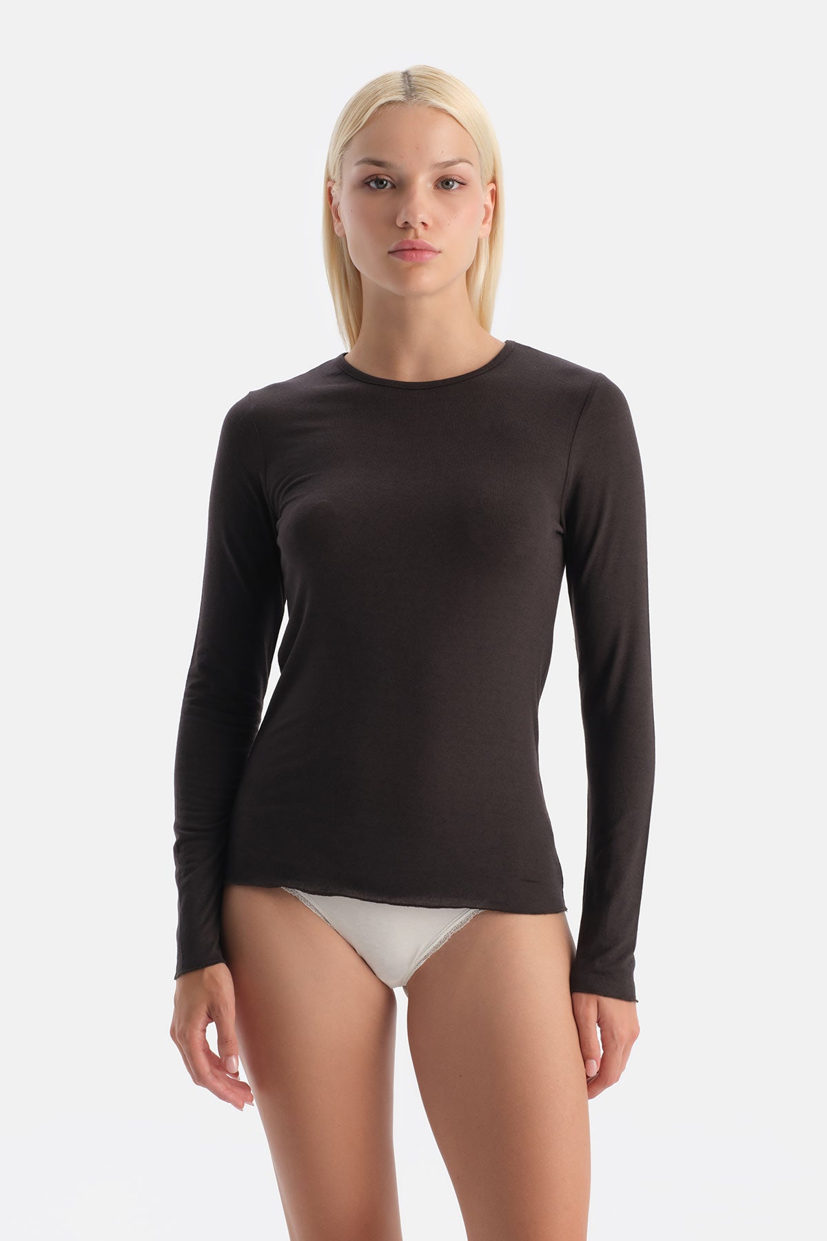 Koyu Kahve Modal Kaşmir Bisiklet Yaka Uzun Kollu Üst