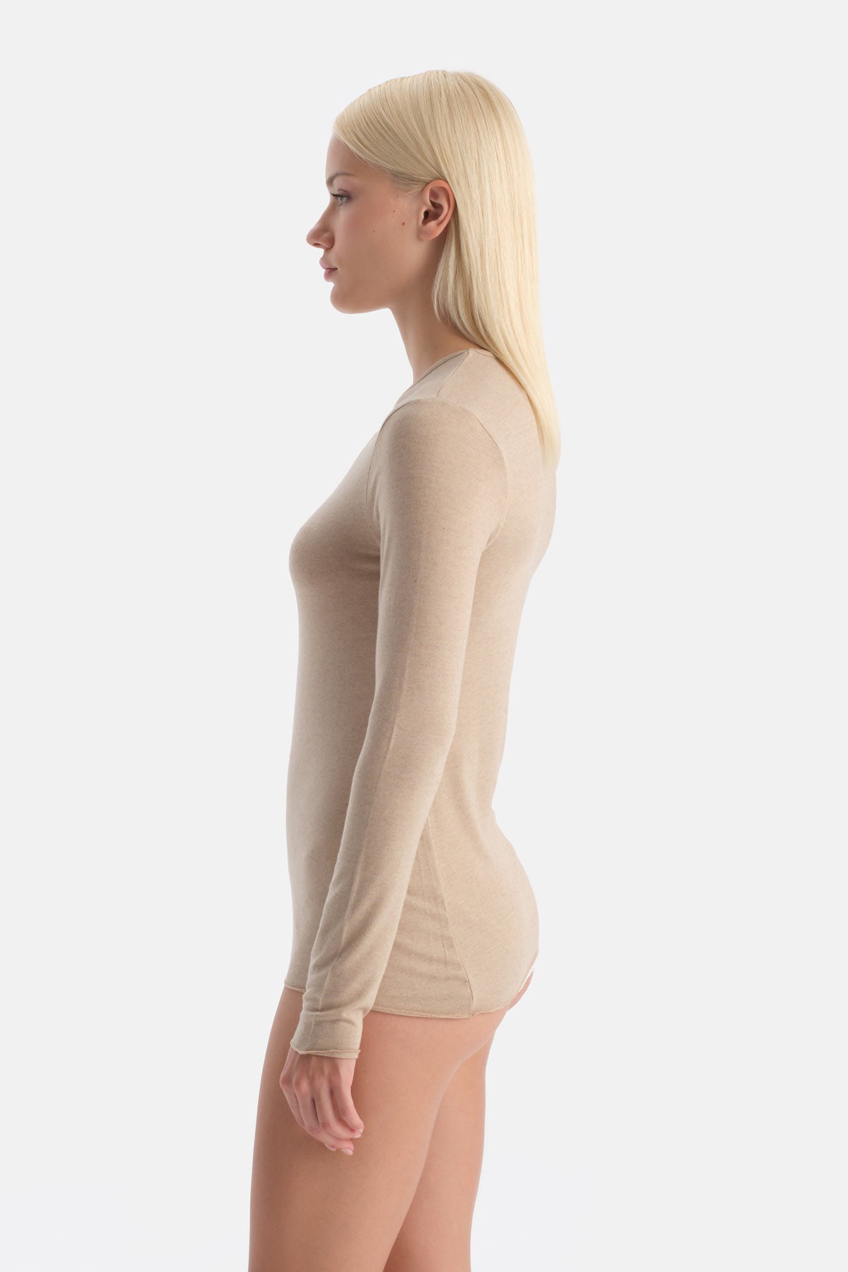 Sütlü Kahve Modal Kaşmir Bisiklet Yaka Uzun Kollu Üst