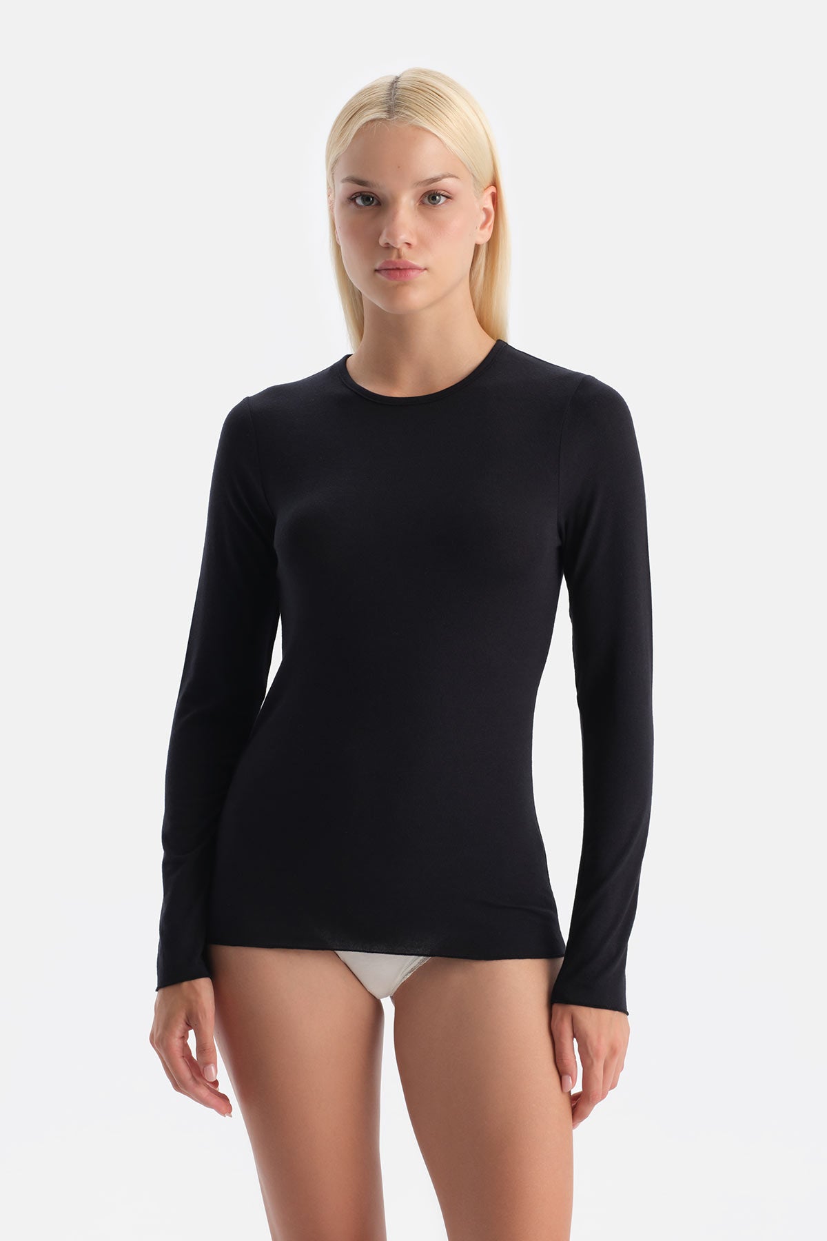 Siyah Modal Kaşmir Bisiklet Yaka Uzun Kollu Üst