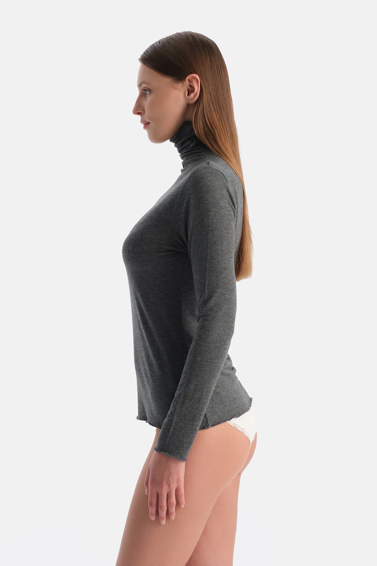 Antrasit Melanj Modal Kaşmir Boğazlı Uzun Kollu Üst