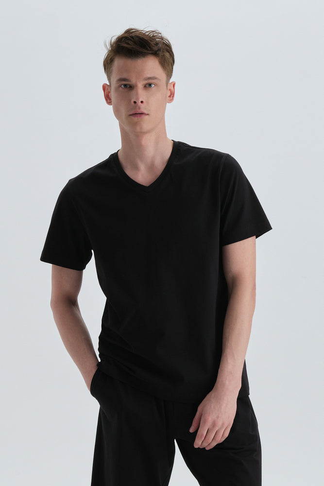 Siyah Pamuk V Yaka T-Shirt