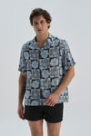 Antrasit-Mavi Desenli Kısa Kol Gömlek