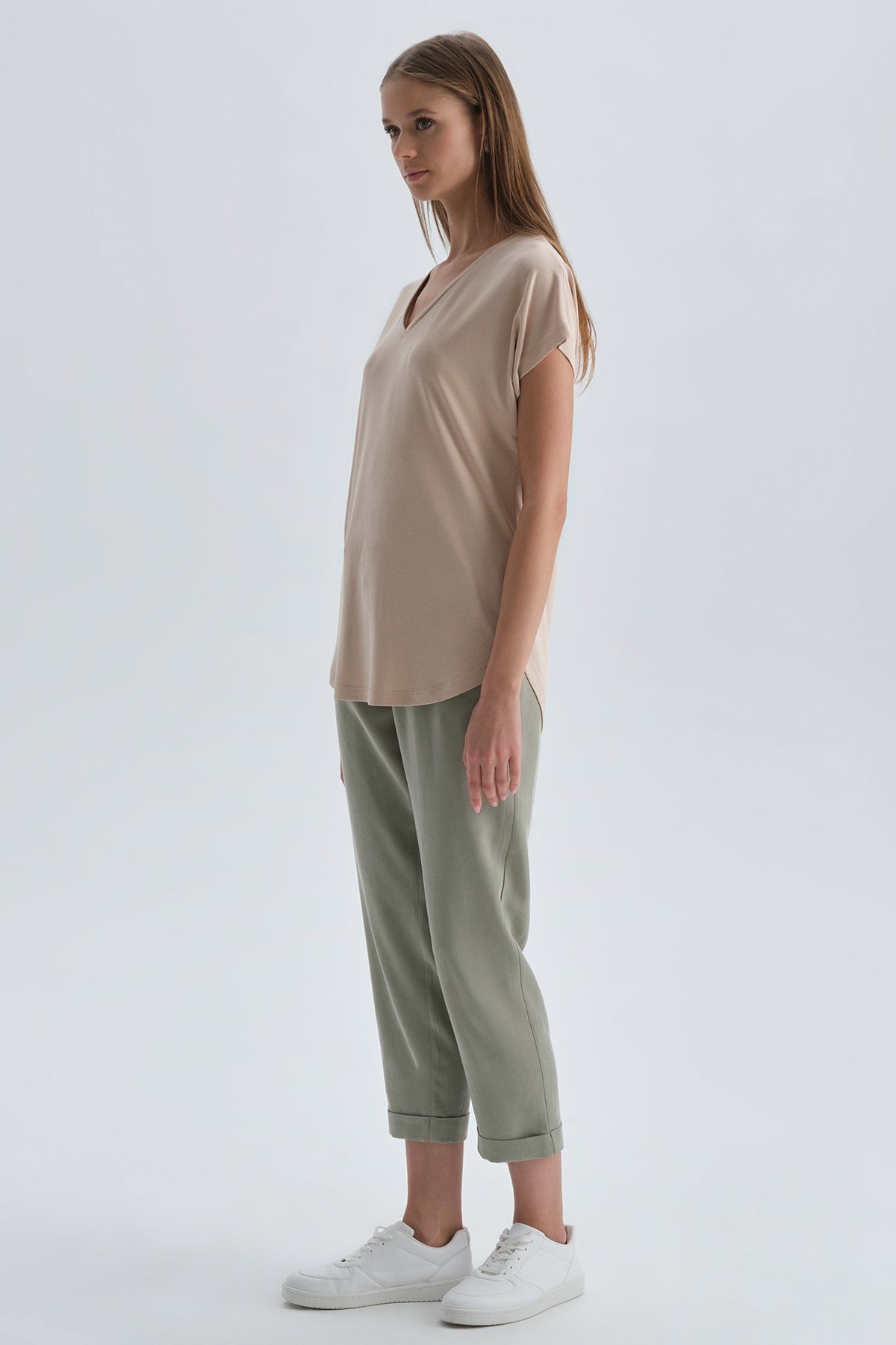 Vizon Baskısız V Yaka T-Shirt