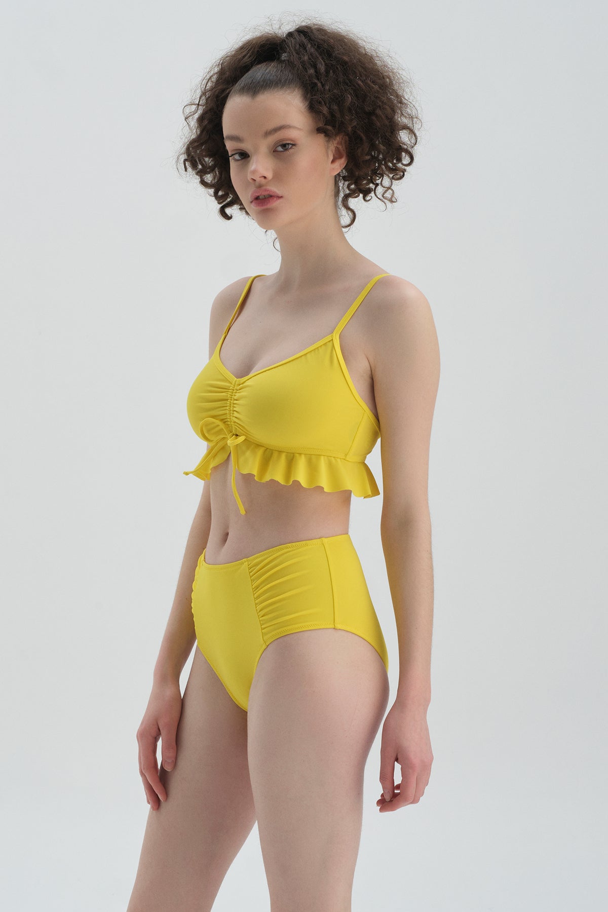 Neon Sarı Maksimum Toparlama Yanı Drapeli Yüksel Bel Bikini Alt