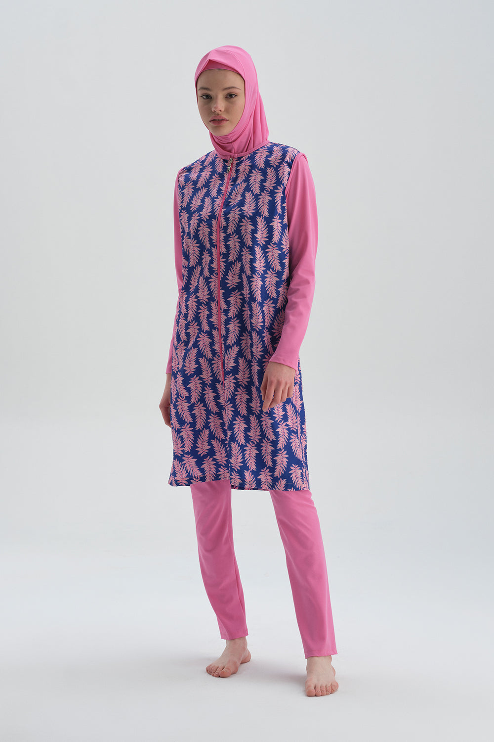 Pembe Uzun Kol Desenli Tesettür Mayo