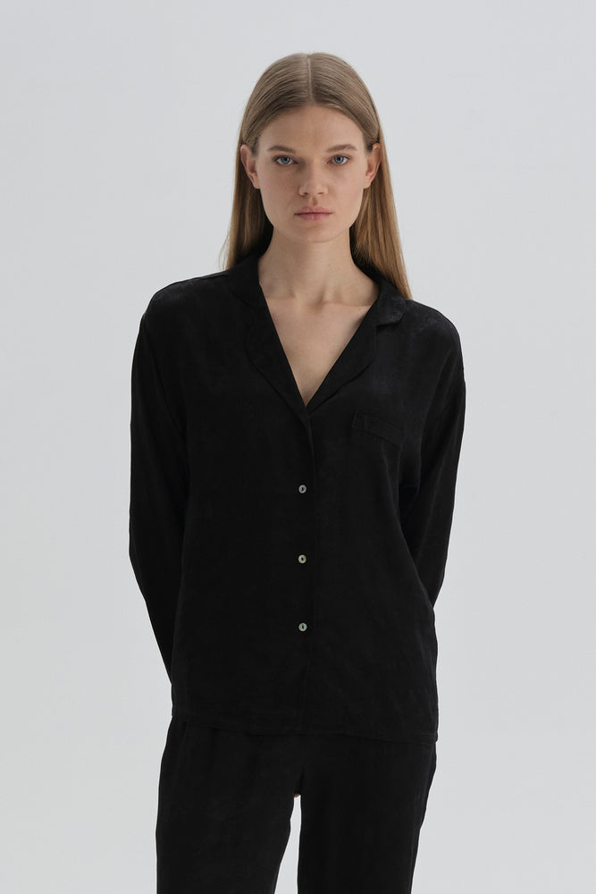 Siyah Gömlek Yaka Viskon Pijama Üstü