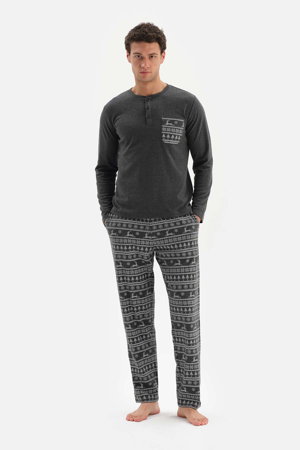 Antrasit Düğmeli Yaka Takma Cep Detaylı Pijama Takımı