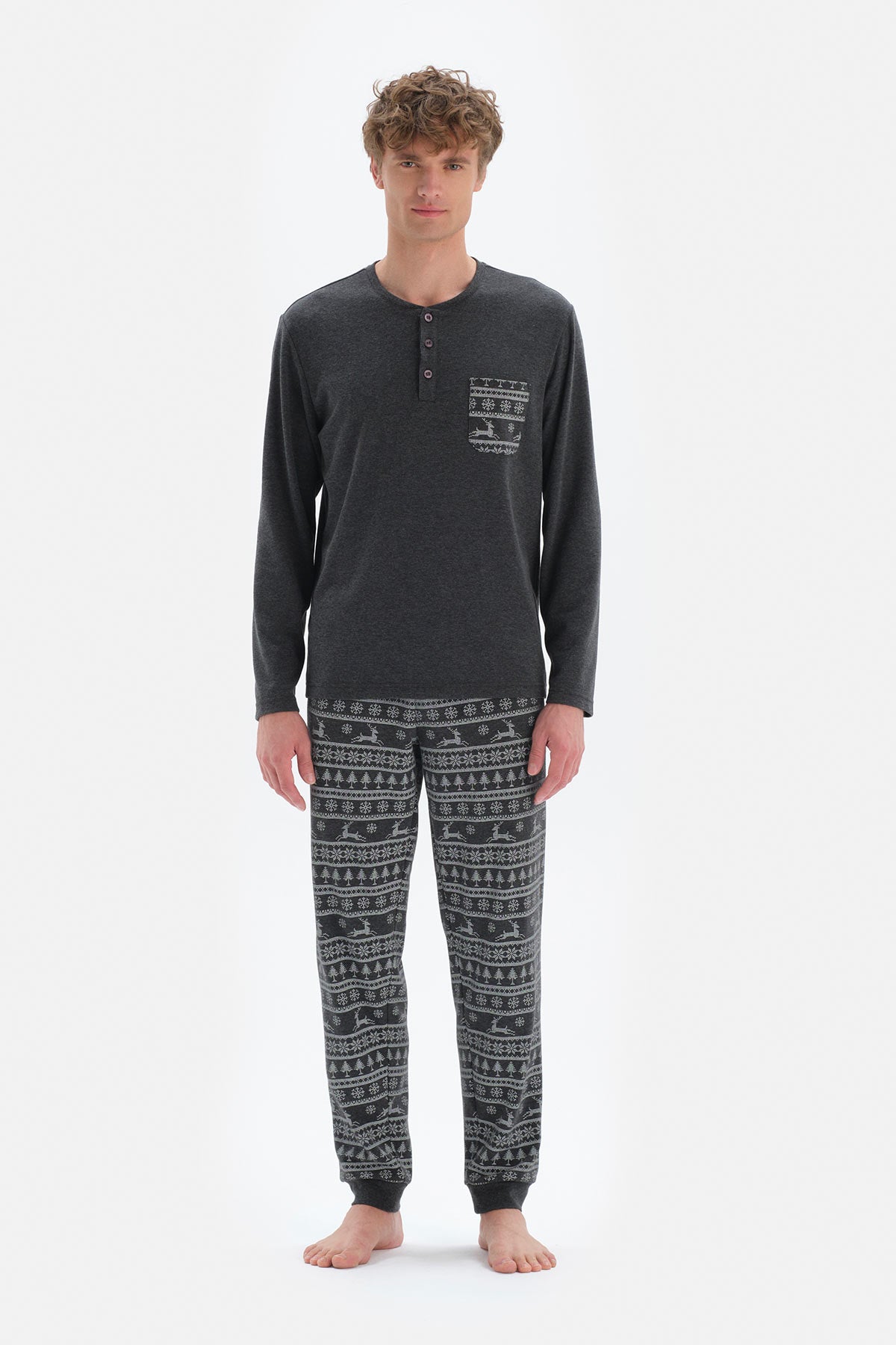 Antrasit Düğmeli Yaka Takma Cep Detaylı Pijama Takımı