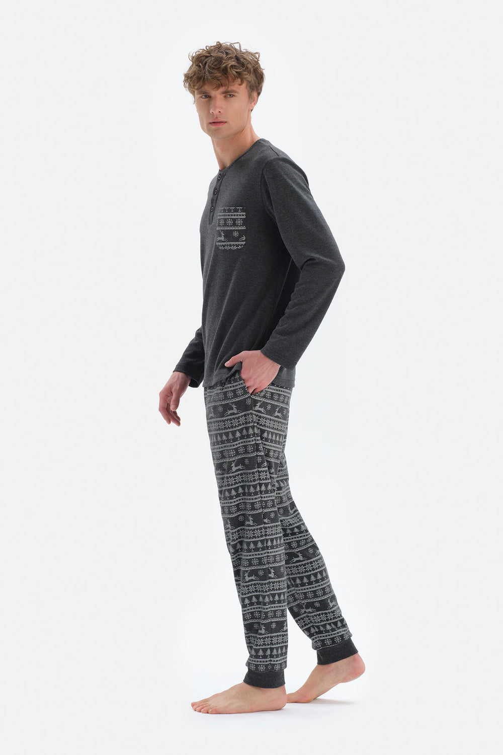 Antrasit Düğmeli Yaka Takma Cep Detaylı Pijama Takımı