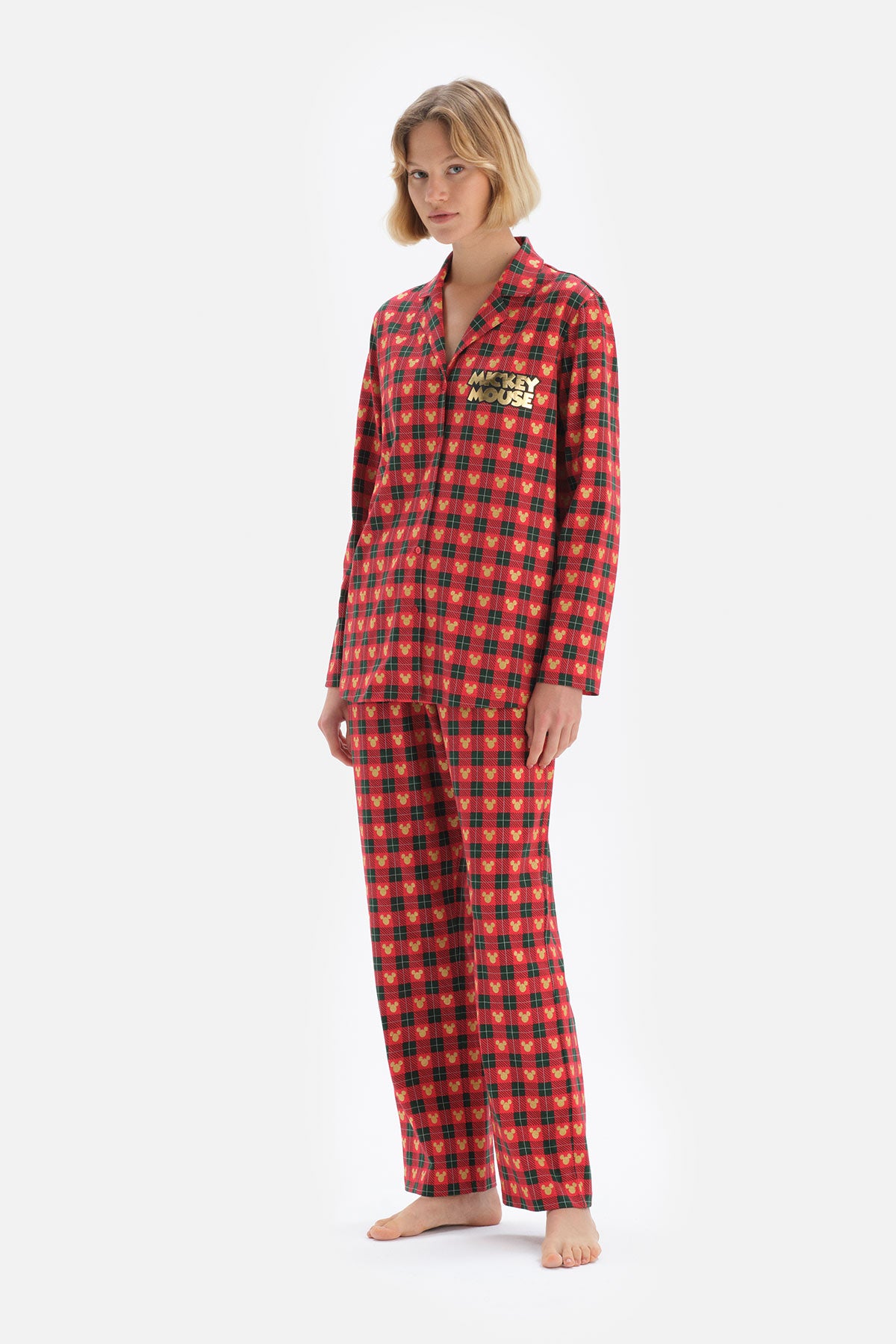 Kırmızı Gömlek Yaka Minnie Mouse Baskılı Lisanslı Pamuk Pijama Takımı