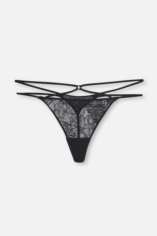 Siyah Dantelli Ip Detaylı Tanga