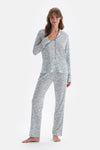 Turkuaz Gömlek Yaka Çiçek Desenli Örme Pijama Takımı