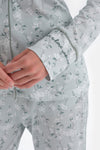 Turkuaz Gömlek Yaka Çiçek Desenli Örme Pijama Takımı
