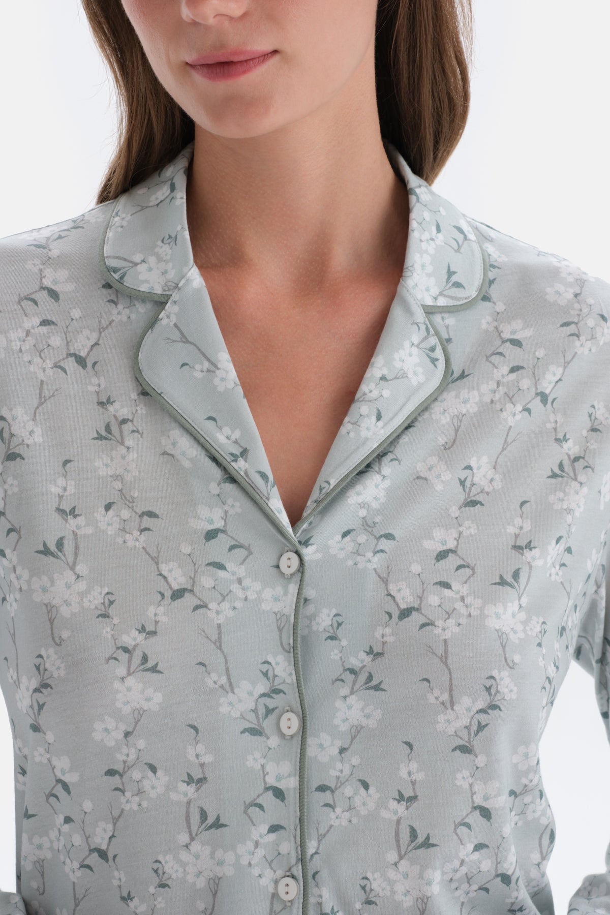 Turkuaz Gömlek Yaka Çiçek Desenli Örme Pijama Takımı