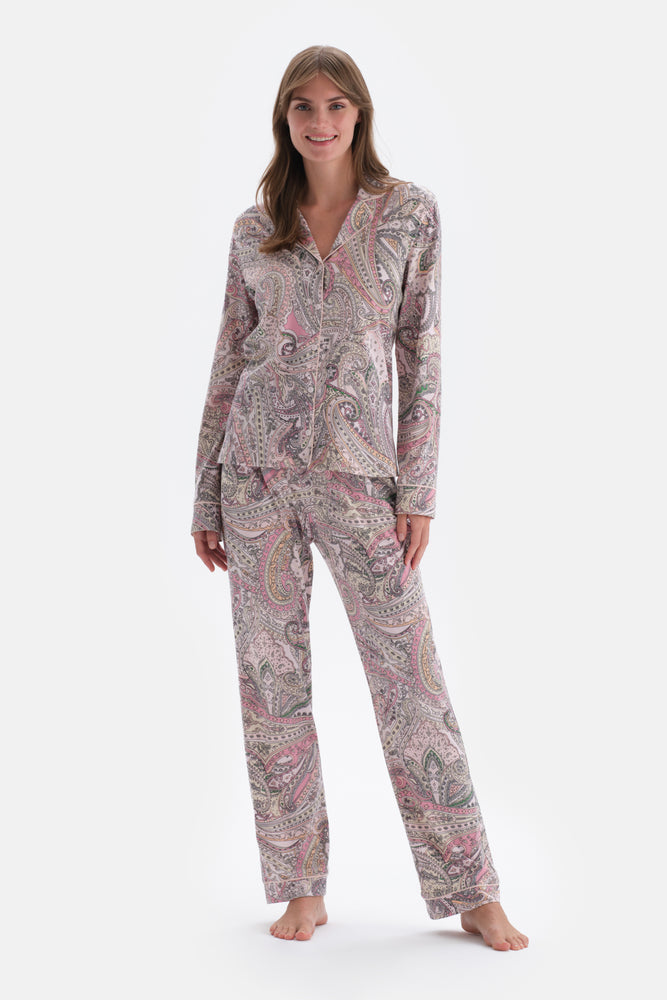 MULTICOLOR SHIRT COLLAR PAISLEY PATTERN KNITTED PAJAMAS SUIT