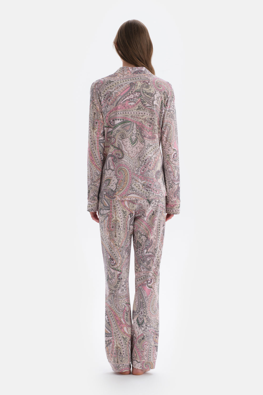 MULTICOLOR SHIRT COLLAR PAISLEY PATTERN KNITTED PAJAMAS SUIT
