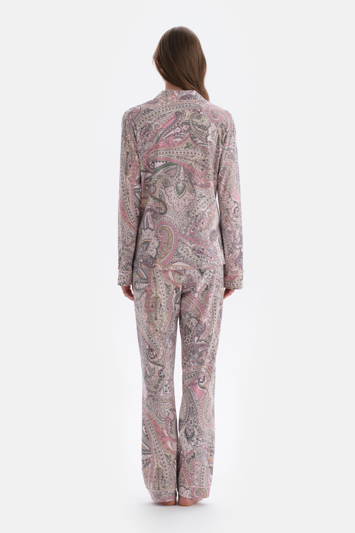 MULTICOLOR SHIRT COLLAR PAISLEY PATTERN KNITTED PAJAMAS SUIT