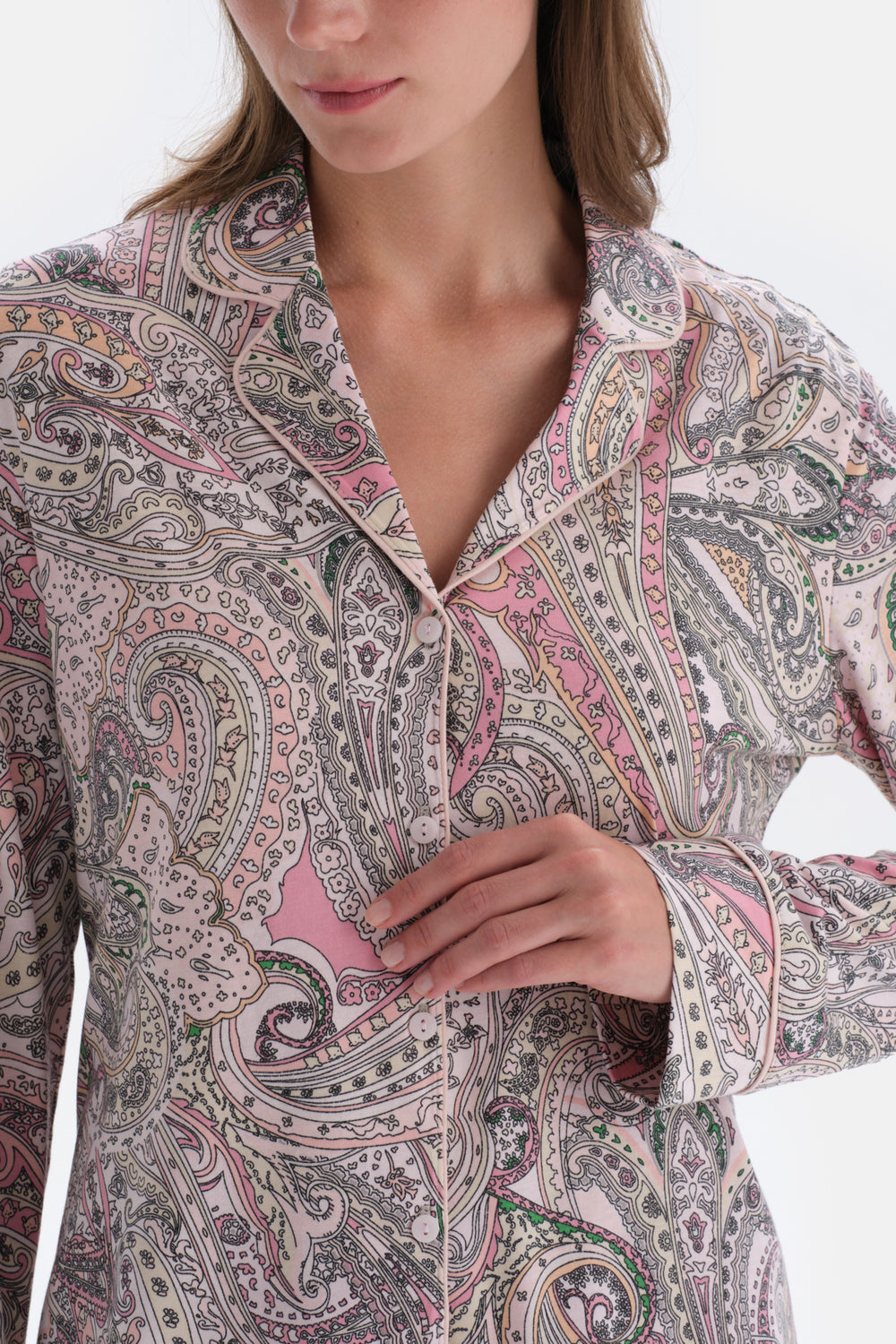MULTICOLOR SHIRT COLLAR PAISLEY PATTERN KNITTED PAJAMAS SUIT