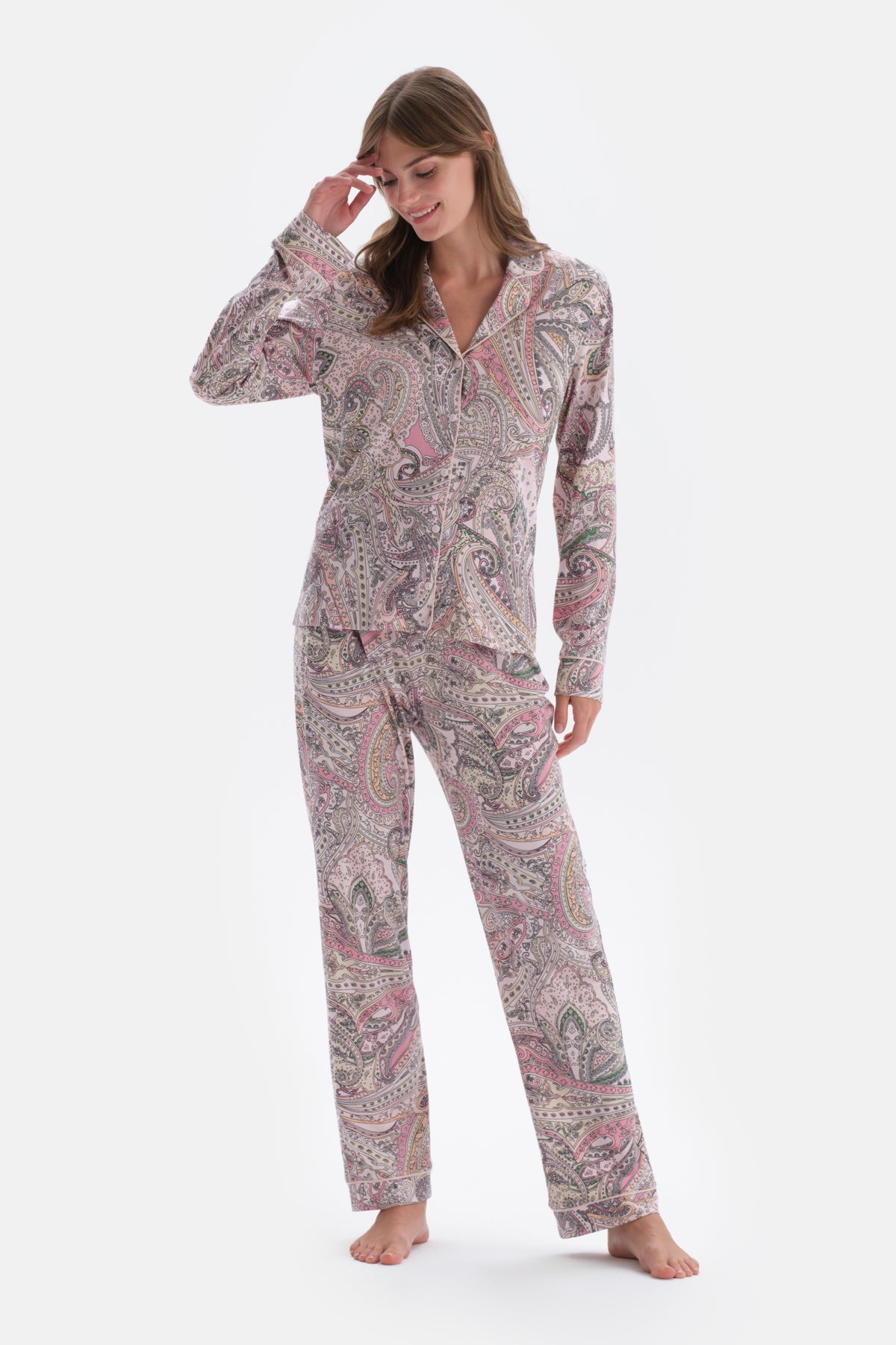 MULTICOLOR SHIRT COLLAR PAISLEY PATTERN KNITTED PAJAMAS SUIT