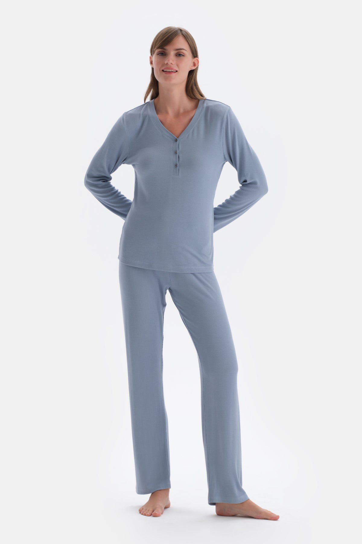 Blue RIBBED VISCOSE KNITTED PAJAMAS SET