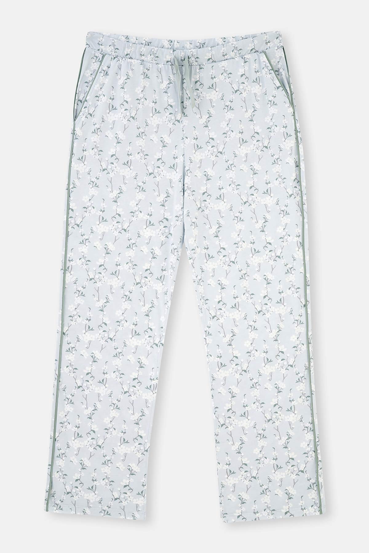 Turquoise SHIRT COLLAR FLORAL PATTERNED KNITTED PAJAMAS SUIT