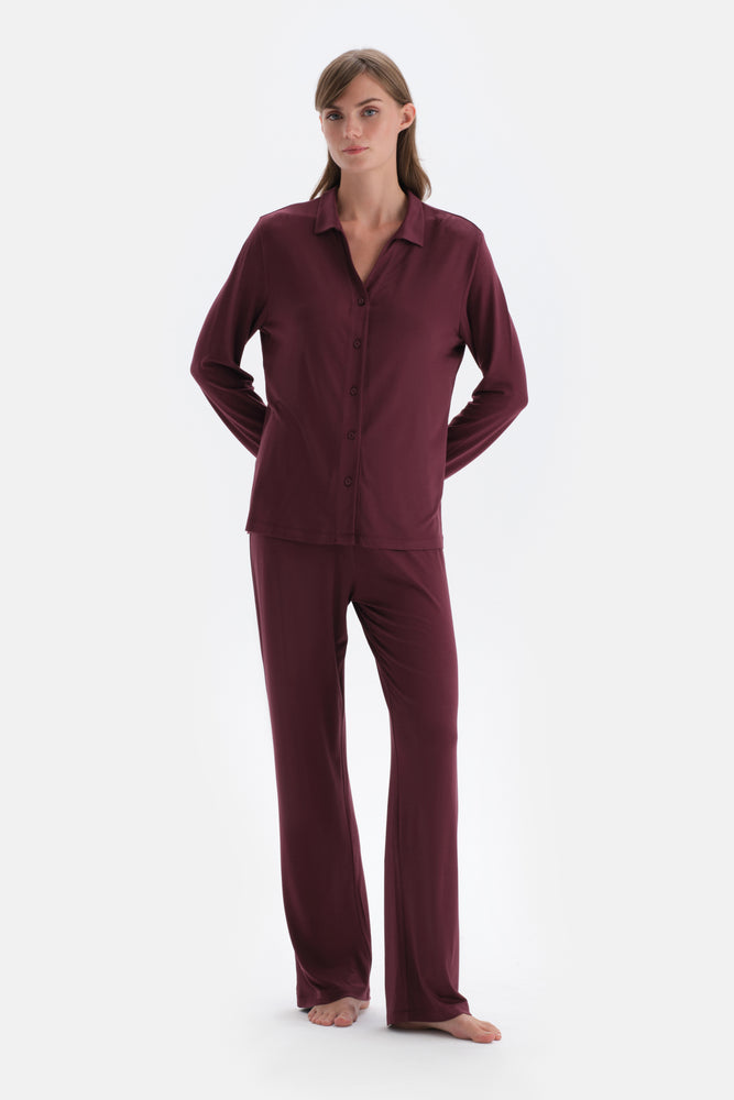 Bordeaux BASIC COTTON MODAL SHIRT PANTS KNITTED PAJAMAS SUIT