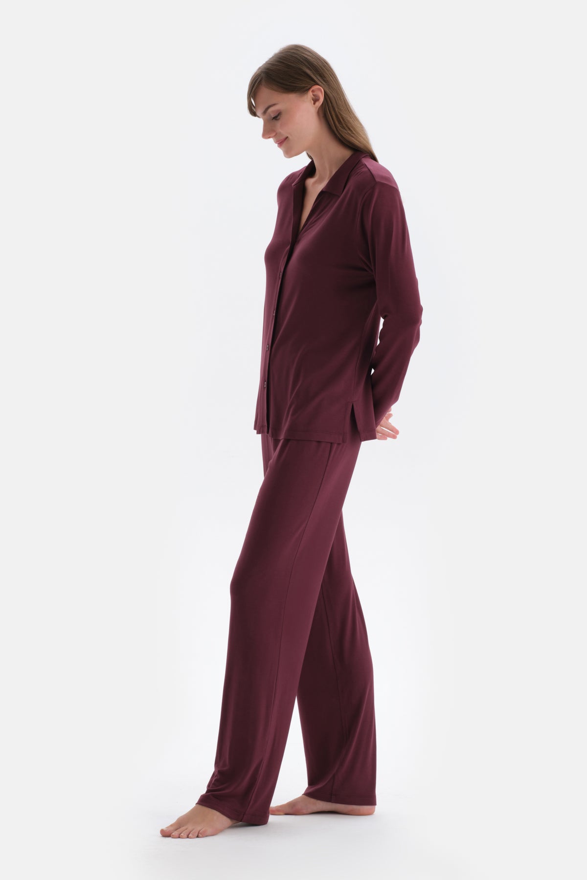 Bordeaux BASIC COTTON MODAL SHIRT PANTS KNITTED PAJAMAS SUIT