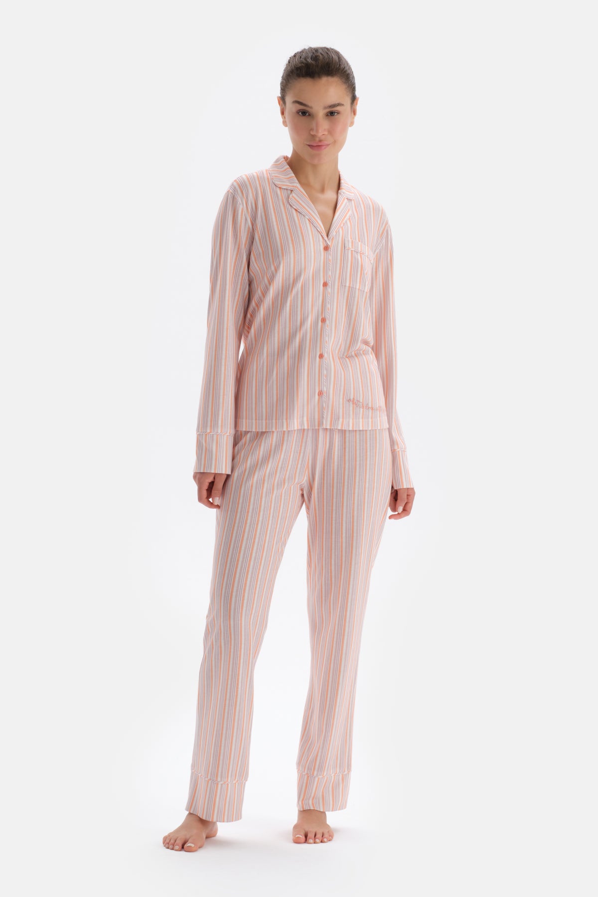 MULTICOLOR SIZE LINE PRINTED EMBROIDERY DETAILED SHIRT PANTS PAJAMAS SET