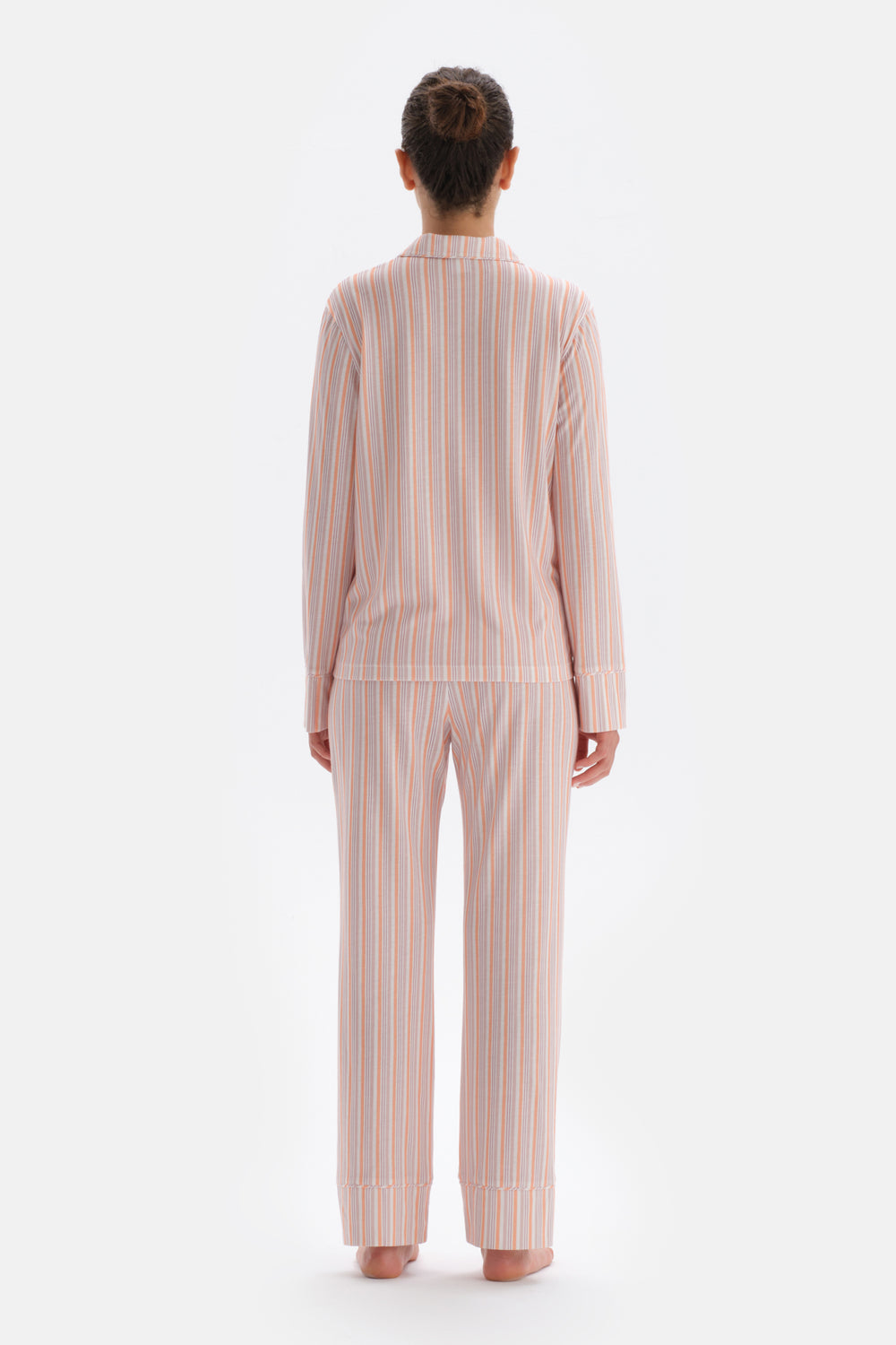 MULTICOLOR SIZE LINE PRINTED EMBROIDERY DETAILED SHIRT PANTS PAJAMAS SET