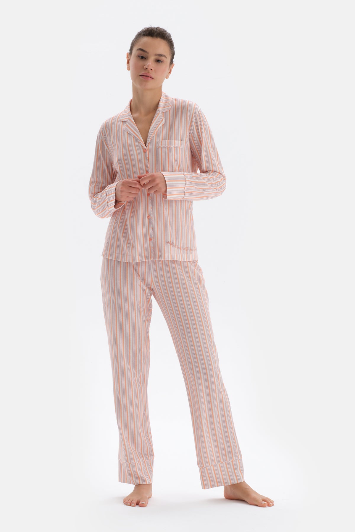 MULTICOLOR SIZE LINE PRINTED EMBROIDERY DETAILED SHIRT PANTS PAJAMAS SET